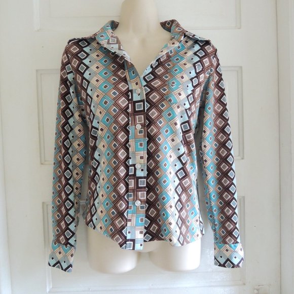 Vintage 70s Blue & Brown Disco Button Shirt S/M - Picture 1 of 7